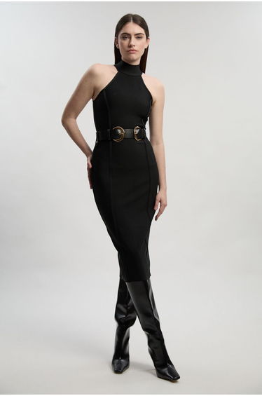 Petite Bandage High Neck Buckle Trim Midi Dress