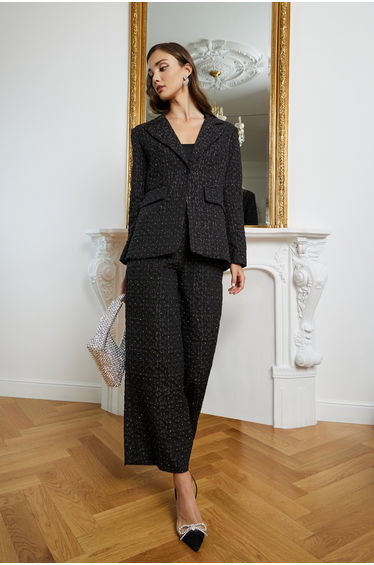Women Black Jacquard Wide Leg Trousers