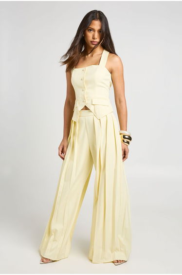 Pleated Extreme Wide Leg Tailored Trousers - lemon
