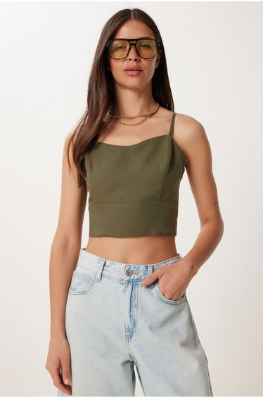 Women's Khaki Strappy Crop Linen Blouse
