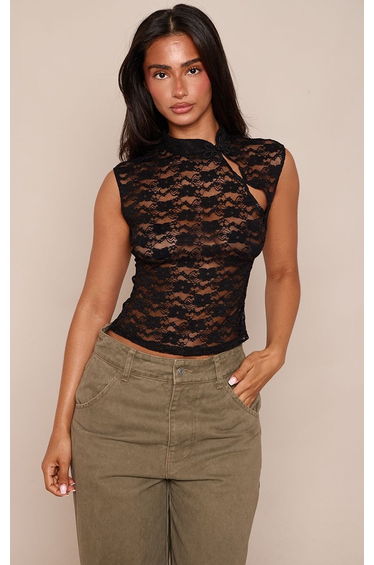 Petite Black Lace Cut Out Toggle Detail Fitted Top