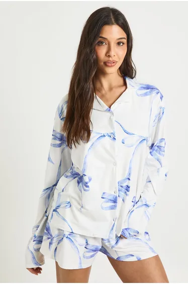 Oversized Bow Print Long Sleeve Shirt & Shorts PJ Set - blue