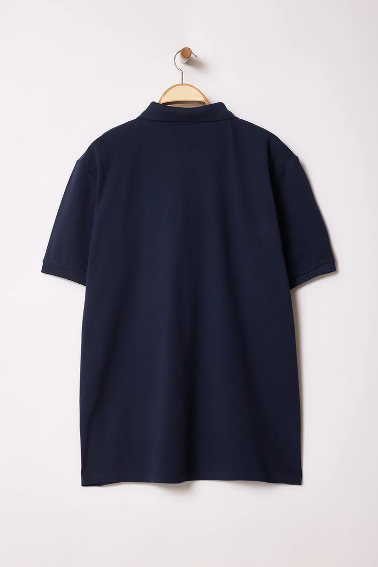 Plus Size Polo Neck T-Shirt with Dark Blue Embroidery Detail - - 5