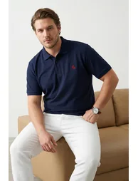 Plus Size Polo Neck T-Shirt with Dark Blue Embroidery Detail - - 1
