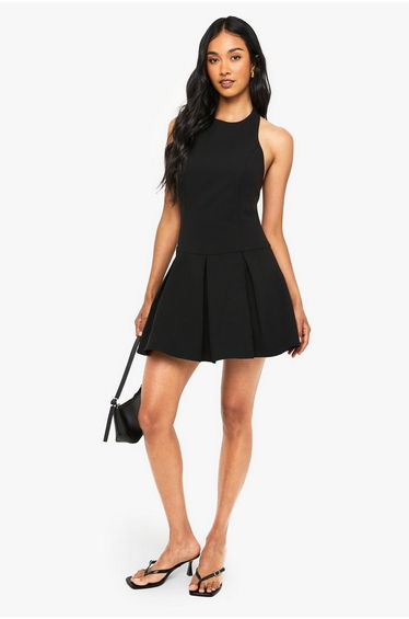 Tailored High Neck Pleated Mini Dress - black