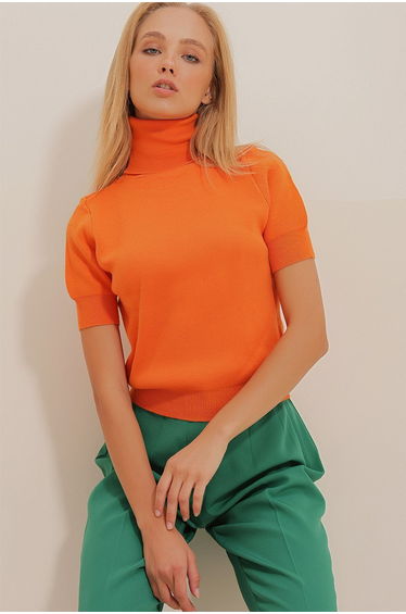 Women's Orange Turtleneck Short Sleeve Basic Knitwear Sweater