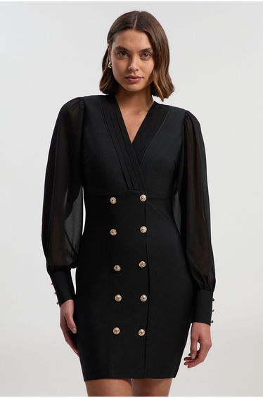 Figure Form Woven Mix Military Button Blazer Knit Mini Dress