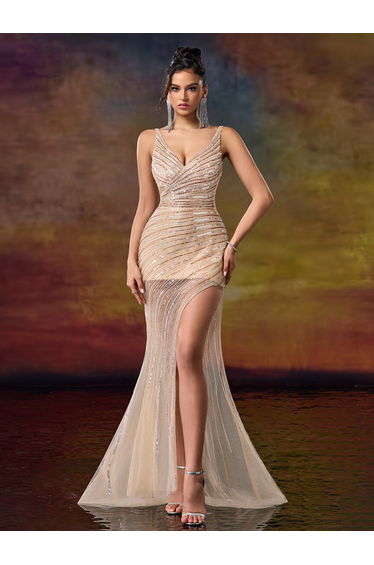 Modecrush Asymmetric V Neck Sequin Backless Party Dress