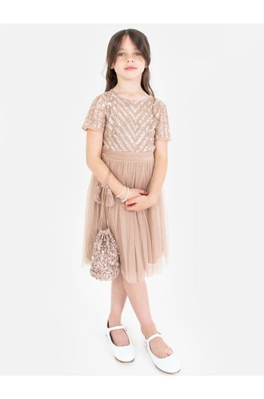 Mini Maya Taupe Blush Stripe Embellished Midi Dress With Bow
