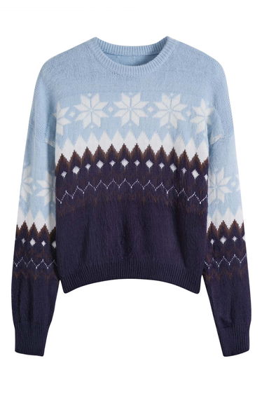 Snowflake Zigzag Jacquard Knit Sweater in Blue