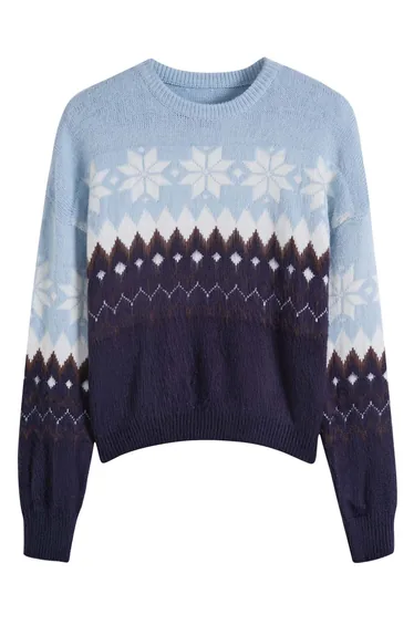 Snowflake Zigzag Jacquard Knit Sweater in Blue
