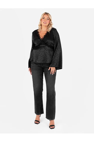 Lovedrobe Black Polka Dot Long Sleeve Satin Top