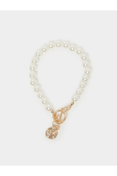 White Pearl Beaded Bracelet with Gold Charm