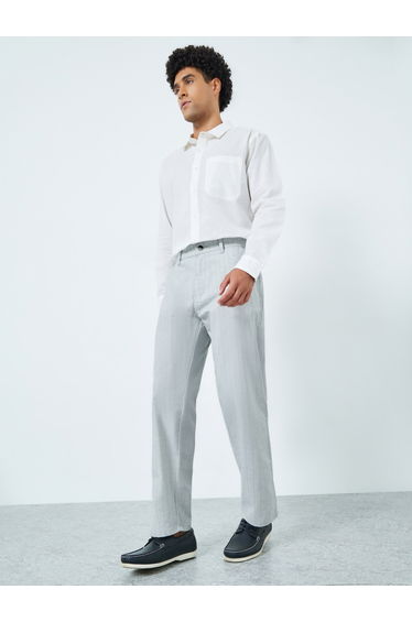 Men Grey Pinstriped Straight Leg Trousers
