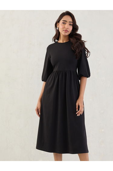 Black Cotton Knitted Midi Dress