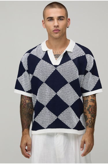Oversized Boxy Open Stitch Crochet Knitted Polo - navy