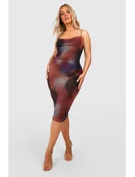 Plus Cowl Neck Abstract Mesh Midi Dress - purple