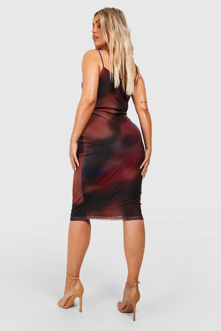 Plus Cowl Neck Abstract Mesh Midi Dress - purple - 1