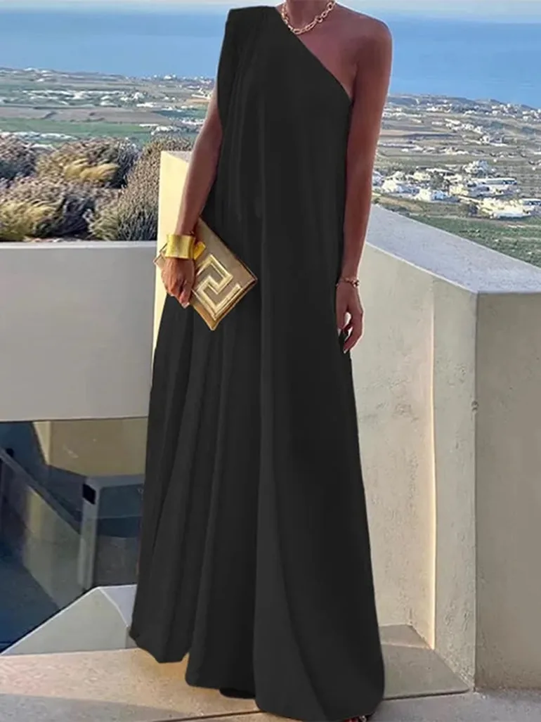 Loose Asymmetric Solid Color Split-Joint One-Shoulder Maxi Dresses Uoozee Black : Day Dresses : VogaCloset Oman Loose Asymmetric Solid Color Split-Joint One-Shoulder Maxi Dresses Uoozee Black : Day Dresses : VogaCloset Oman