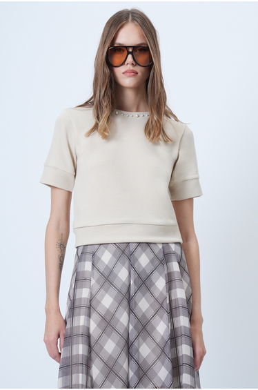 Women's Cream Crew Neck Pearls Knitwear Blouse