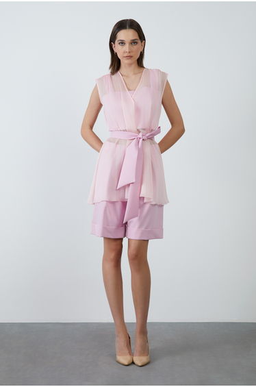 3-Piece Pink Linen Suit with a Crop Top and Double Leg Comfortable Cut Shorts with a Chiffon Vest