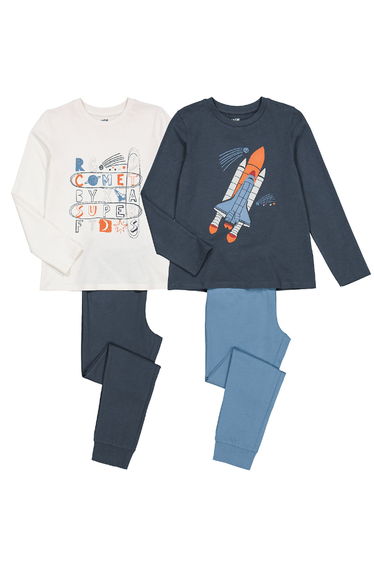 Pack of 2 Pyjamas in Cotton with Space Rocket/Text Print