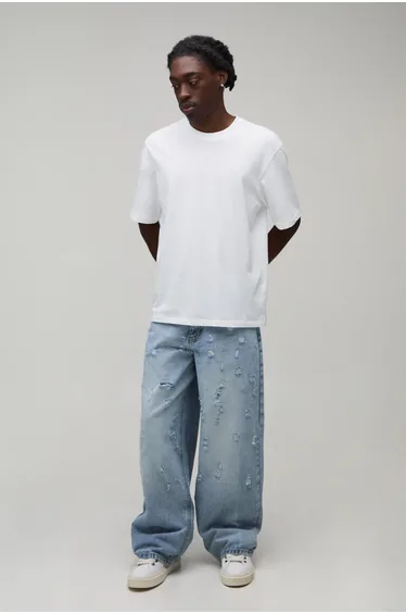 Fade Wash Extreme Distressed Baggy Fit Jeans - light blue