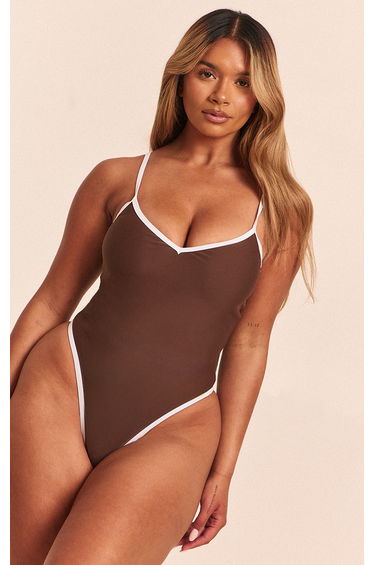 Shape Chocolate Contrast Binding Swimsuit