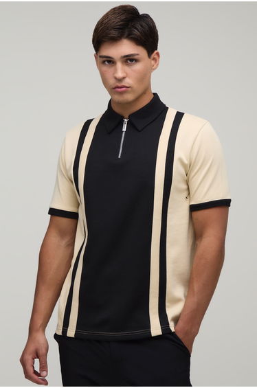 Slim Panelled Zip Neck Interlock Polo - black