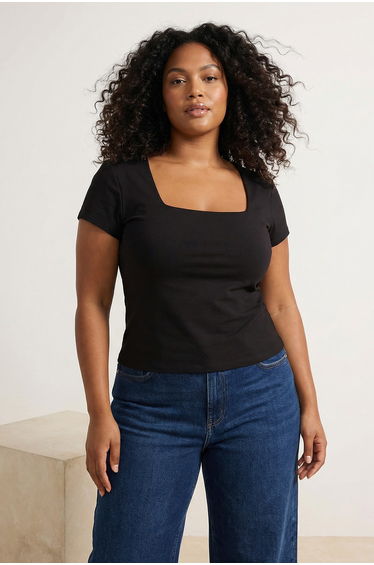 Black Square Collar Basic Lycra Combed Single Jersey Knitted Plus Size Blouse