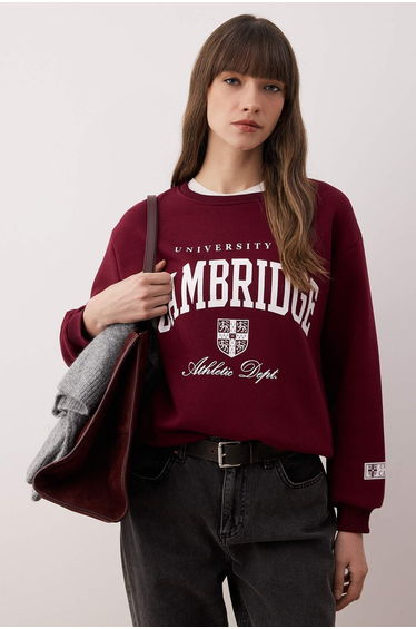 Burgundy Slogan Printed Crew Neck Relaxed Knitted Sweatshirt
