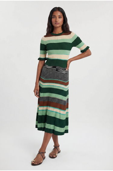 Petite Knit Jacquard Stripe Detail Short Sleeve Midi Dress
