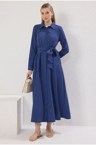 Thick Belt with Saxe Crepe Crinkle Fabric Coated Button Detail Woven Shirt Dress