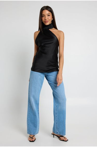 Satin Scarf Detail Ruched One Shoulder Top - black