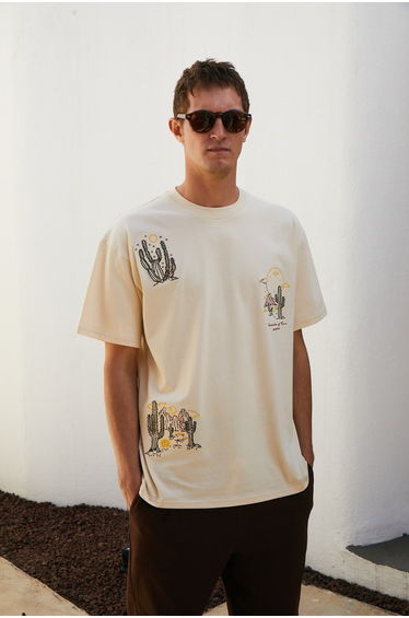 GRIMELANGE BOLICHE Men's Crew Neck 100% Organic Cotton Oversize Fit Light Beige T-Shirt