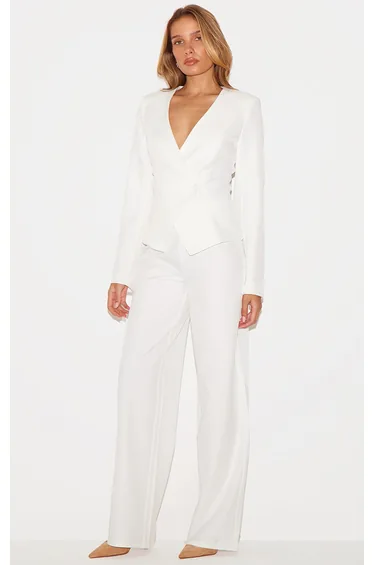 Cream Tailored Cinched Woven Asymmetric Blazer