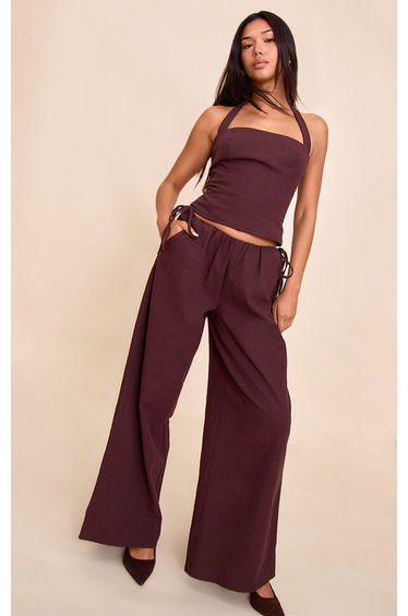 Deep Chocolate Premium Linen Side Tie Detail Wide Leg Trousers
