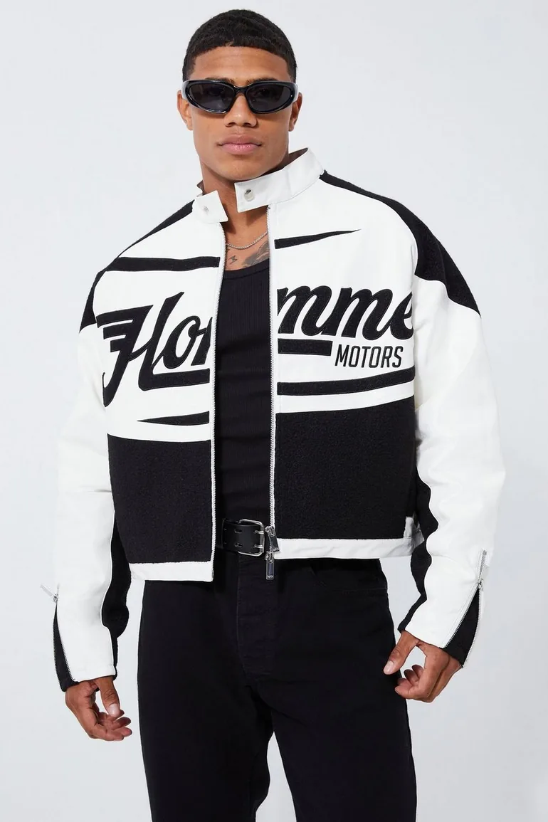 Boxy Pu Contrast Boucle Panel Moto Jacket - black