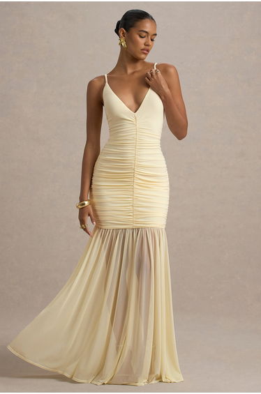 Pasqualina | Lemon Ruched Plunge-Neck Maxi Dress