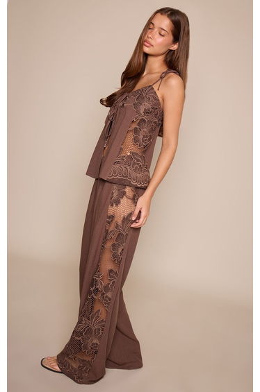Dark Brown Floral Lace Applique Trousers