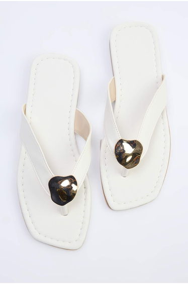 White Gold Buckle Detail Women's Flip Flops Slipper