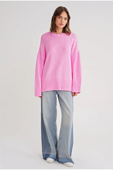 Mixray Oversized Ribbed Knit Sweater with Crew Neck