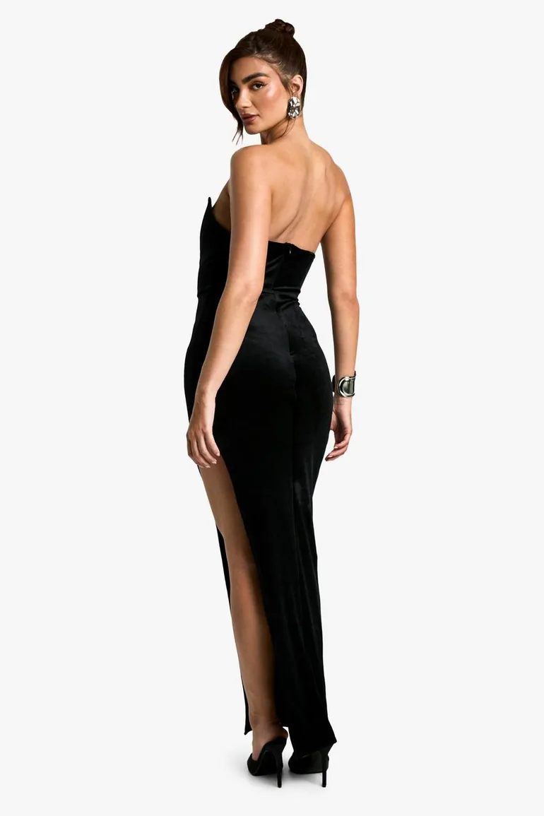 split leg dress black Black Velvet Sweetheart Split Leg Maxi Dress