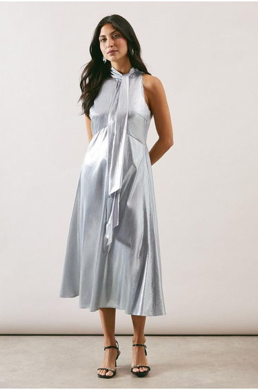 Metallic Crinkle Tie Neck Halter Dress