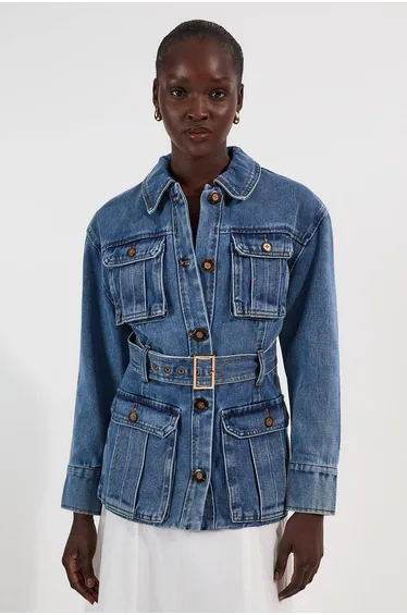 Denim Pocket Detail Belted Safari Jacket
