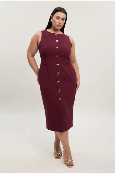 Plus Size Compact Essential Button Pencil Midi Dress