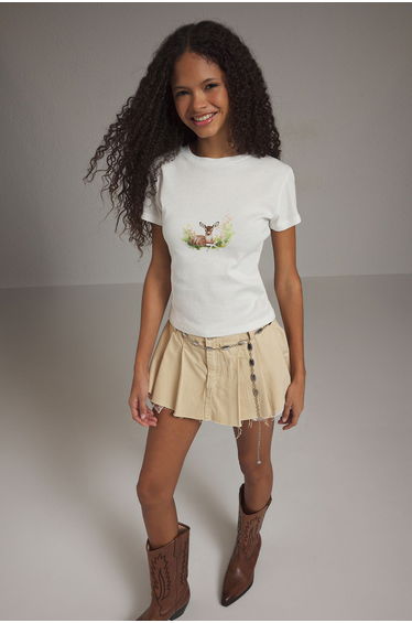 Ecru Deer Printed Fitted/Fits Body Knitted T-Shirt