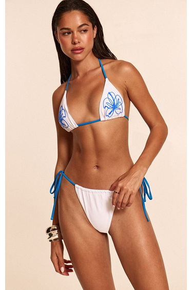 White Contrast Binding Tie Side Thong Bikini Bottoms