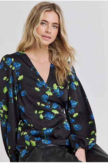 Joanna Hope Floral Satin Wrap Blouse