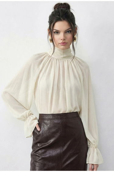 LUCCI Solid Chiffon Turtleneck Blouse